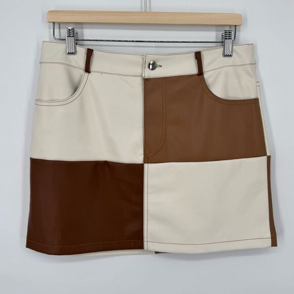 Forever 21 Faux Leather Patchwork on Brown And Tan Mini Skirt L - Picture 3 of 7